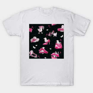 Fashion Bird Pattern - Black & Pink T-Shirt